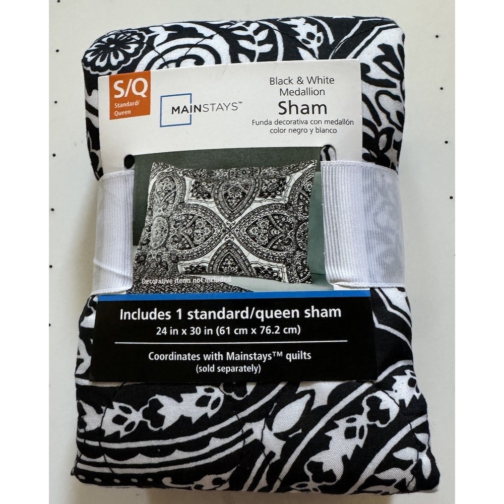 Mainstays Black & White Medallion Pillow Sham Standard Queen Quilted‎ NEW
